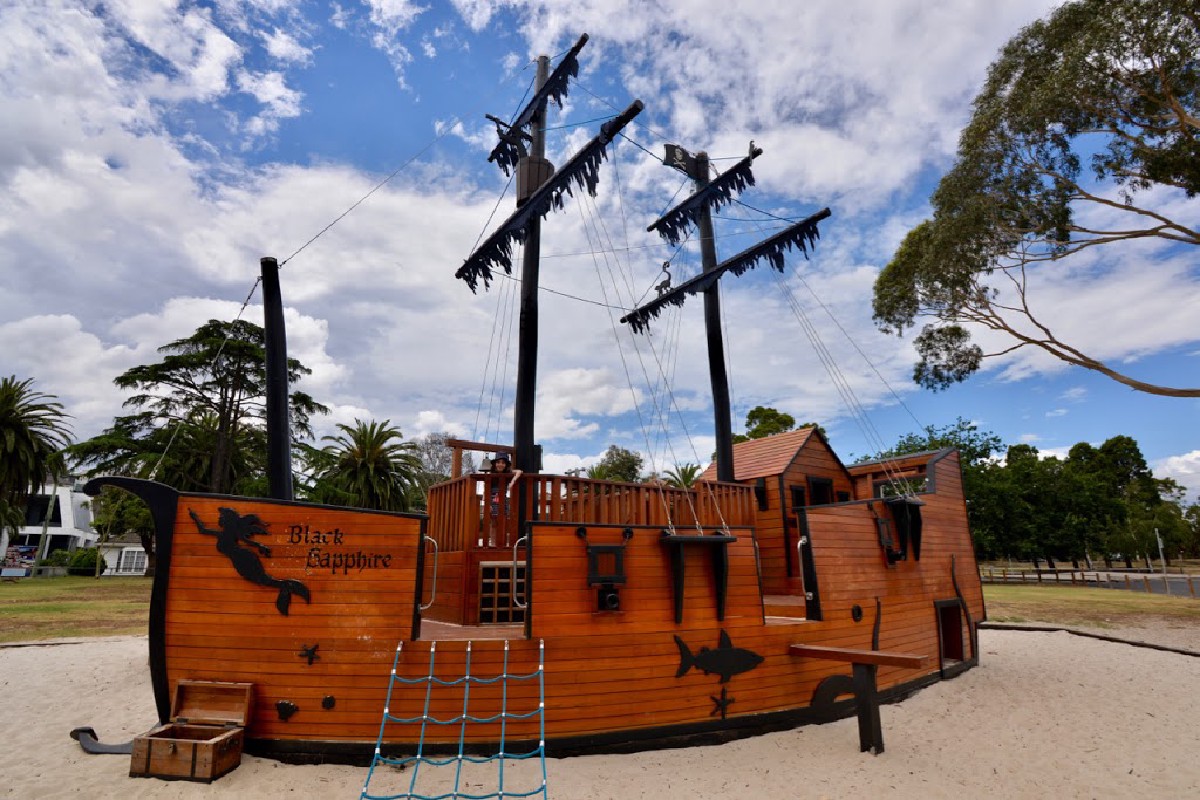 Timber play ship after refurbishment with new decking